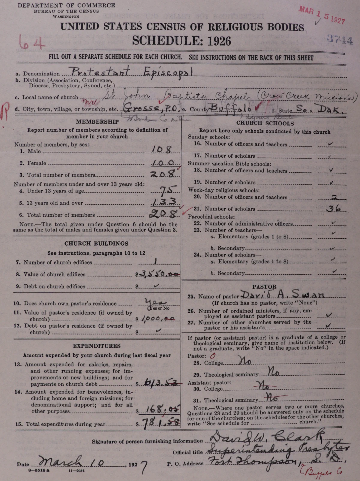 Schedule from the 1926 U.S. Census of Religious Bodies